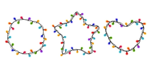 Christmas lights frame. Glowing lights banner different shape. Colorful christmas garlands frame. Red, yellow, green, plum, blue Christmas lights. Happy new year decor string lights. Cartoon lights.
