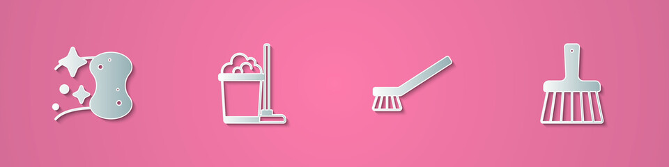 Set paper cut Sponge, Mop and bucket, Brush for cleaning and Handle broom icon. Paper art style. Vector