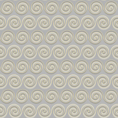 Abstraktes geometrisches klassisches Retro-nahtloses Muster. Spirale, Strudel, Strudel, Strudelverzierung. Perlgrau und Goldfarben. 3D-Effekt