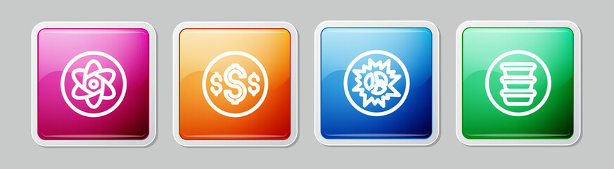 Set line Test tube and flask, Dollar symbol, Bomb explosion and Bowl. Colorful square button. Vector