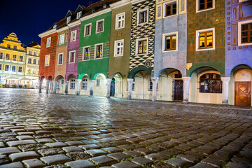 Poznan, Poland - August 09, 2021. Night photo of colourful houses in old town in Summer