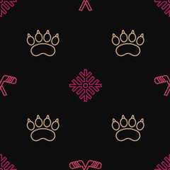 Set line Ice hockey sticks, Bear paw footprint and Snowflake on seamless pattern. Vector