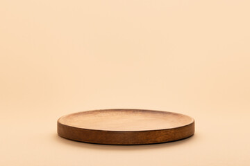 Background for products cosmetics, food or jewellery. Round, cylinder shape wood podium. Front...