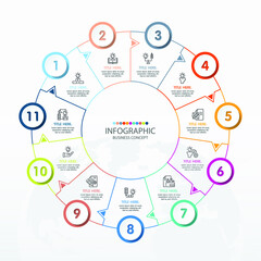 Basic circle infographic template with 11 steps, process or options, process chart, Used for process diagram, presentations, workflow layout, flow chart, infograph. Vector eps10 illustration.