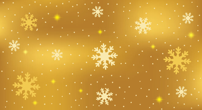 Gold winter background with snowflakes and glitter lights. Christmas celebration background.
