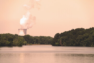 vintage retro lake view nuclear power atomic energy plant steam sepia photograph industrial...