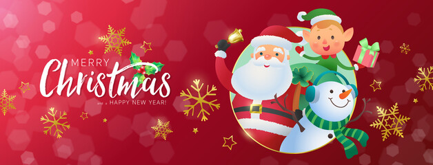 Fototapeta na wymiar Christmas banner with Santa Claus and his companions and Merry Christmas calligraphy on red background. Vector flat illustration.