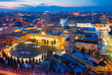 Aerial view of the evening Cathedral of the Nativity in the city center and residential areas in winter of Lipetsk,..Russia