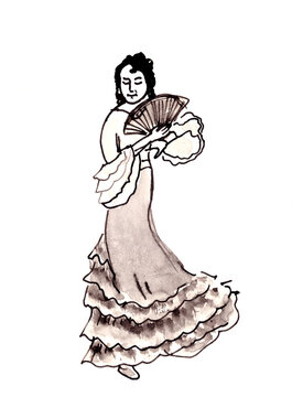 spanish woman with fan dancing flamenco black and white ink drawing