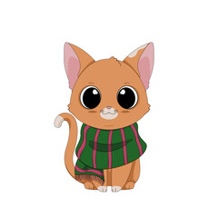 Ręcznie rysowany uroczy mały rudy kotek w zielonym ciepłym szaliku. Wektorowa ilustracja zadowolonego, siedzącego kota. Słodki, chętny do zabawy zwierzak. Kot gotowy na zimę. - obrazy, fototapety, plakaty