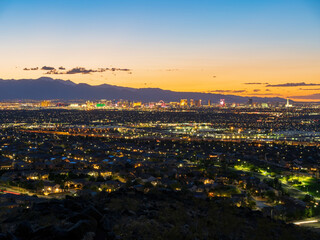 High angle night view of Henderson Cityscape with strip skyline