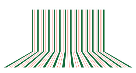christmas striped room. red, green and white wall and floor background. 3d perspective view digital illustration isolated on white 