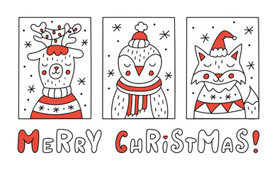 Merry Christmas quote and funny deer, fox and penguin in hats and sweaters. Cute animals in frames with snowflakes. Christmas postcard with hand lettering. Doodle style. Vector illustration.