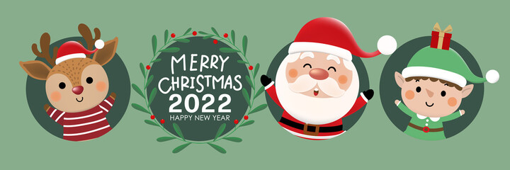Merry Christmas and happy new year greeting card with cute Santa Claus, little elf, snowman and deer. Holiday cartoon character in winter season. -Vector
