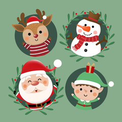 Merry Christmas and happy new year greeting card with cute Santa Claus, little elf, snowman and deer. Holiday cartoon character in winter season. -Vector