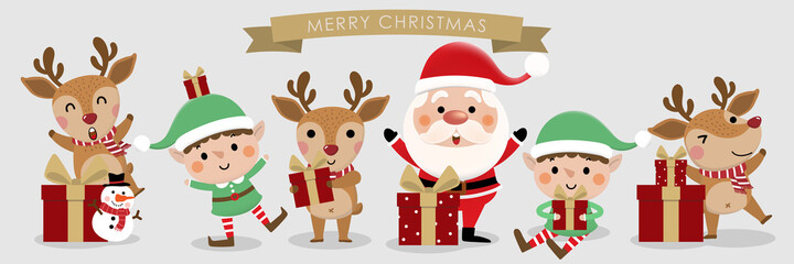 Merry Christmas and happy new year greeting card with cute Santa Claus, little elf, snowman and deer. Holiday cartoon character in winter season. -Vector