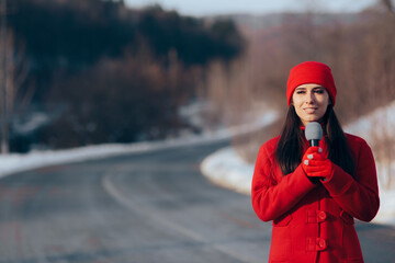 Tv Reporter Standing on Roadside Broadcasting Traffic News