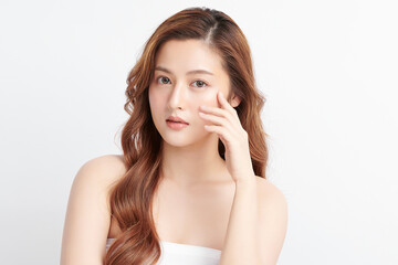 Fototapeta premium Beautiful young asian woman with clean fresh skin on white background, Face care, Facial treatment, Cosmetology, beauty and spa, Asian women portrait.