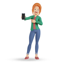 3d render female character holding smart phone