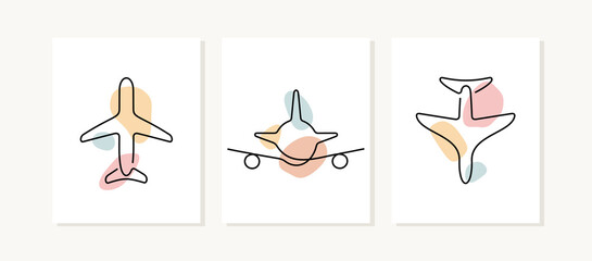 Planes posters. Artistic one line vector illustration.