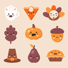 Thanksgiving Day kawaii icon set