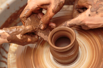 The child moulds from clay a pot on a potter's wheel. Adults help the child to work with clay.