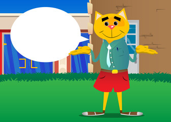 Funny cartoon cat shrugs shoulders expressing don't know gesture. Vector illustration. Cute orange, yellow haired young kitten.