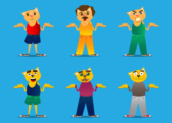 Funny cartoon cat shrugs shoulders expressing don't know gesture. Vector illustration. Cute orange, yellow haired young kitten.
