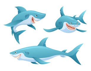Fototapeta premium Set of shark in various poses cartoon illustration