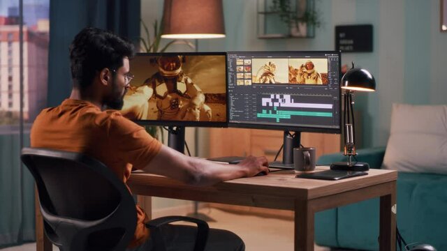 Indian content creator editing video in living room
