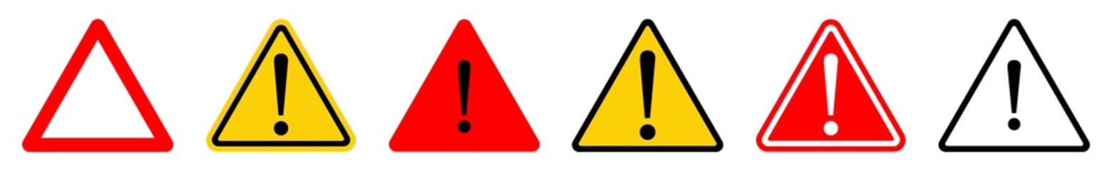 Warning icon set. Hazard warning attention sign. Exclamation mark on triangle sign. Isolated attention symbols on white background. Vector illustration.
