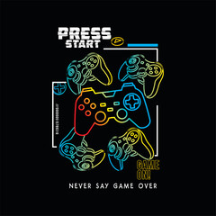 Vector joysticks gamepad illustration with slogan text, for t-shirt prints and other uses.