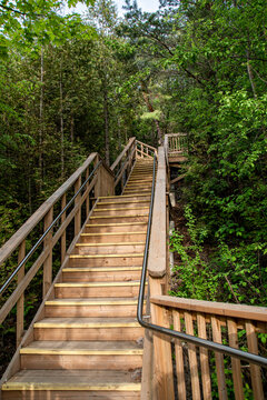 A wooden staircase leads up a hill through a forest at the bottom of the Lighthouse Trail in Goderich, Ontario, leading to the town's historic lighthouse.