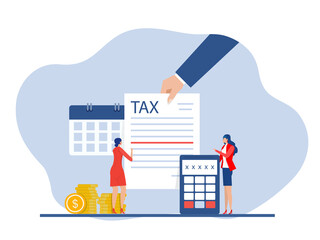  Hand gives notice pay tax financial,paperwork, financial research report and calculation of tax return. Payment of debt. Government, state taxes vector