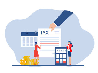 Naklejka premium Hand gives notice pay tax financial,paperwork, financial research report and calculation of tax return. Payment of debt. Government, state taxes vector