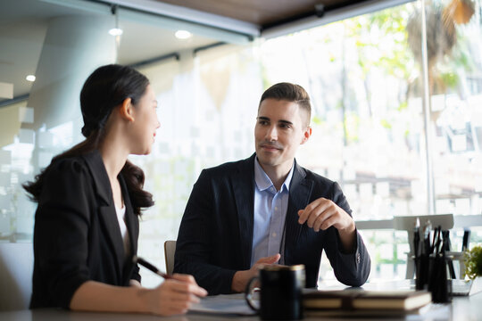 Business Team Meeting to brainstorming and discuss to audit finance planning sales. Financial advisor teamwork and accounting concept.