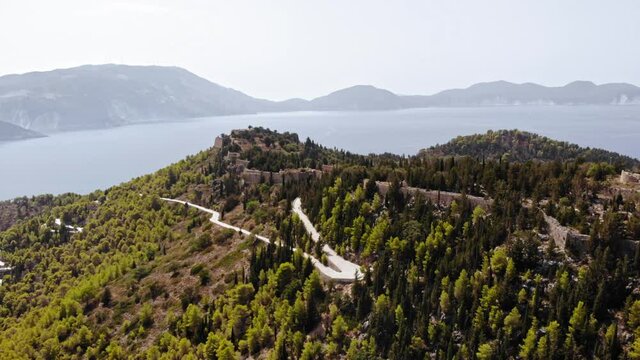 Castle Ruins On Top Of The Hill In Kefalonia, Greece - aerial drone shot
