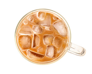 Glass cup of tasty iced coffee on white background