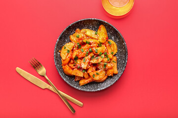 Plate with honey chilli potato on color background