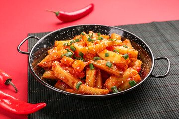 Dish with honey chilli potato on color background