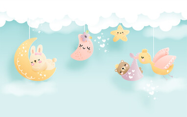 baby rabbit and baby bear in blue sky