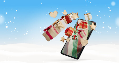 winter design with Christmas gifts flying out a mobile phone screen 3d-illustration