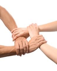 Ring of male and female hands on white background