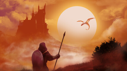 Silhouette of a warrior with a spear watching a dragon flying towards the orange castle at sunset.