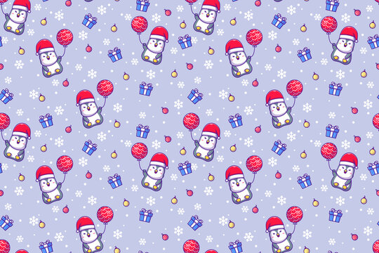 Cute Penguin and merry christmas with seamless pattern