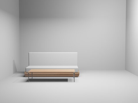 ソファーと木のテーブルのあるバーチャル背景空間の3dレンダリング。コピースペース