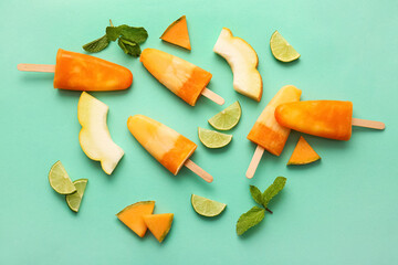 Tasty melon popsicles on color background