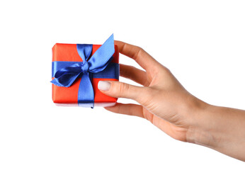 Female hand with small gift box on white background, closeup