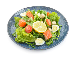 Delicious salad with salmon and fresh vegetables on white background