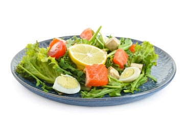 Tasty salad with salmon and fresh vegetables on white background